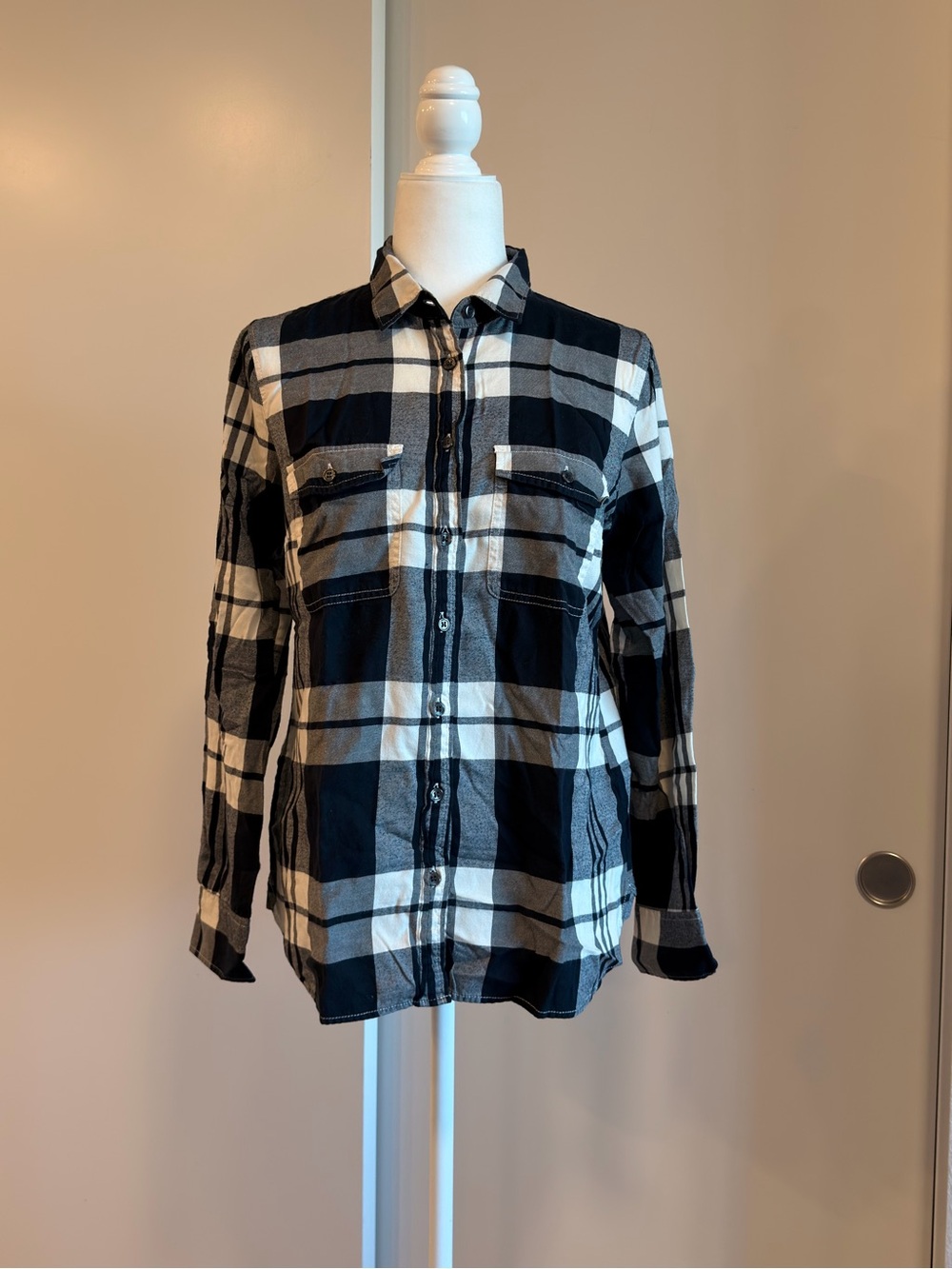J CREW Navy Blue and White Plaid Button-Up Shirt